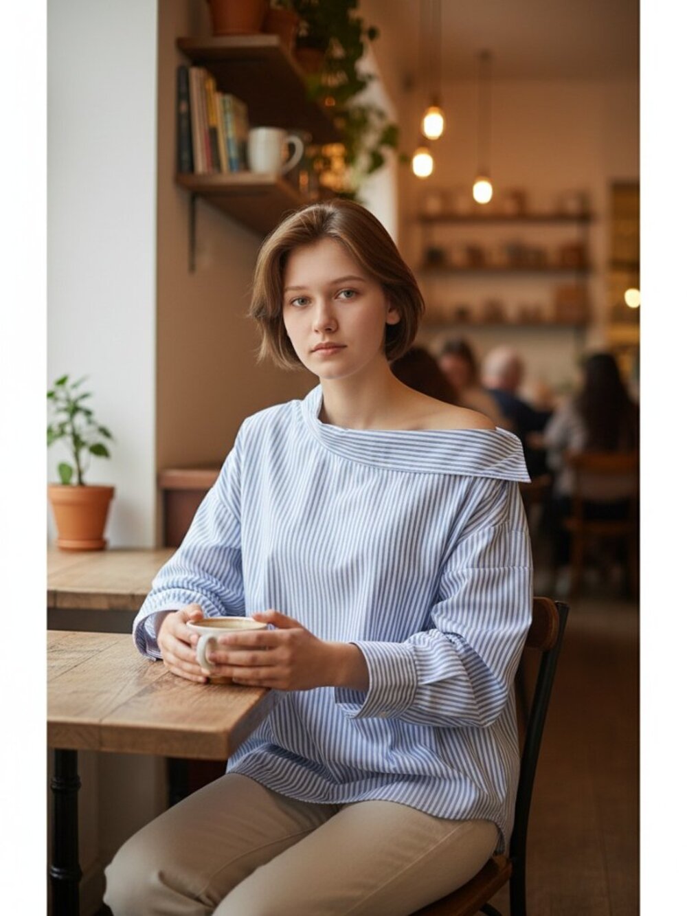 Asymetrical Neckline Striped Button Up Cotton  Blend Size L